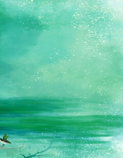 青绿水景中飞鸟翱翔