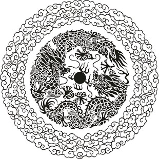 圆形黑白花鸟纹传统图案
