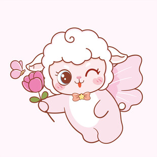 可爱小羊天使手持粉玫瑰