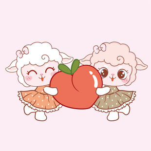 小羊与桃子的可爱插画