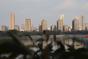 湖畔高楼林立城市景观