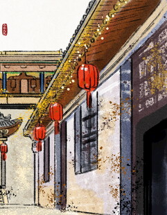 古巷挂红灯笼中式建筑