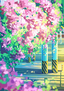 梦幻樱花下的铁路场景