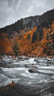 秋日山间湍急河流美景