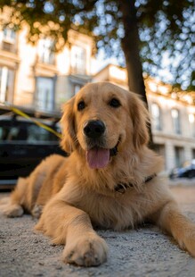 阳光下的趴卧金毛犬