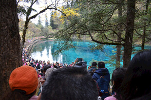 游客赏景蓝湖旁