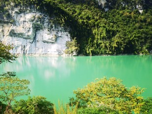 碧绿湖水伴葱郁山林
