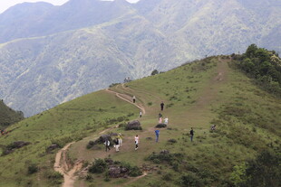 山间徒步者漫步绿意山坡