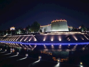 西安城墙夜景城市风光护城河城墙
