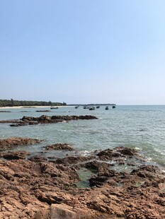 海边岩石与延伸的栈桥景色