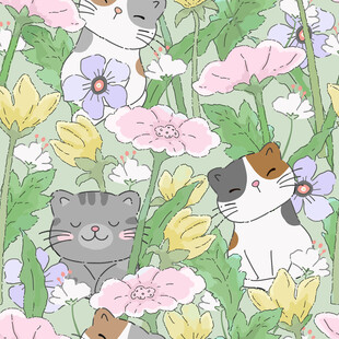 花丛中的猫狗萌趣插画