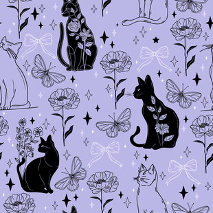 黑猫花卉图案无缝背景图