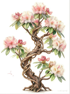 手绘杜鹃花花虬枝盆景图