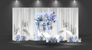 蓝白色浪漫婚礼迎宾区