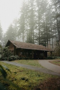 雾中静谧林间小屋