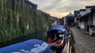 周庄河畔小船停靠景象