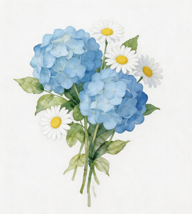 蓝色绣球与雏菊清新插画