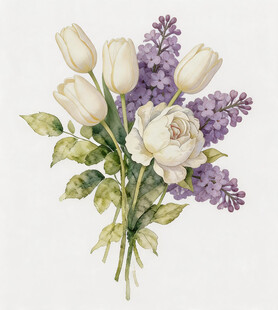 白郁金香与紫丁香花束