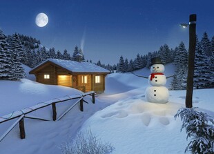 雪夜小屋旁的温馨雪人