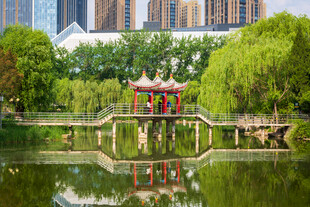 湖畔凉亭城市中的静谧美景