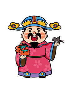 财神爷手持金元宝与猫咪