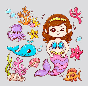 可爱小美人鱼与海洋生物