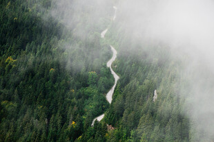 云雾缭绕山林间蜿蜒小路