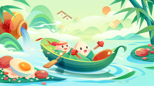 夏日赛龙舟端午节粽子水上场景