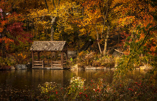 秋日湖畔小屋美景