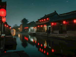 红灯笼暖光平遥古城夜景