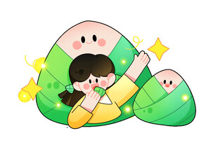 女孩与可爱粽子欢乐互动插画