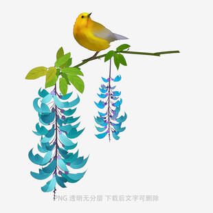 枝头黄鸟伴蓝花