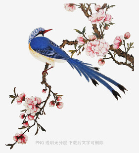 蓝鸟栖于盛开桃花枝上