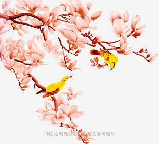 枝头桃花俏双鸟相依偎