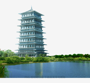 湖畔多层古塔景观