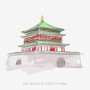 古风中式塔楼建筑手绘