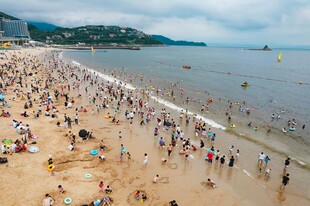 热闹的海滨沙滩度假场景