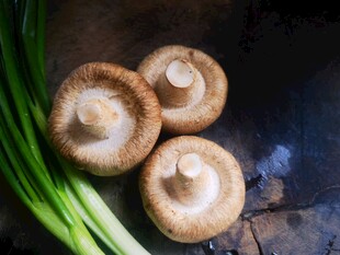 新鲜蘑菇与青葱摆放