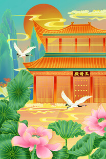 古风楼阁荷花飞鸟美景