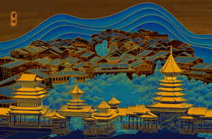 梦幻金色佛塔与山水景观