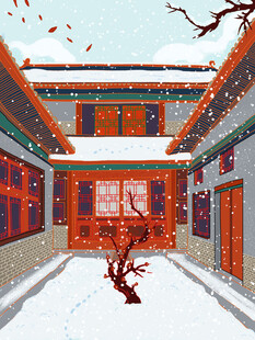 雪覆中式庭院红梅绽放