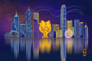 梦幻城市夜景中的金色雕塑