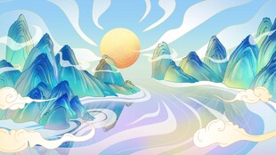 梦幻山川间的落日美景