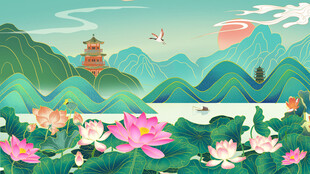 夏日荷塘山水美景图