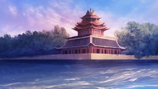 湖畔古亭梦幻山水景致