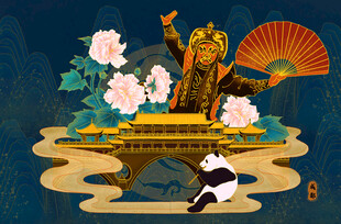 古风神兽与熊猫奇幻场景