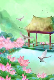 湖畔荷香中的古风亭景