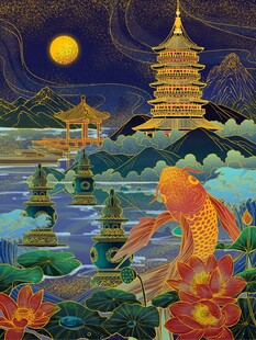 梦幻月夜下的古塔锦鲤景