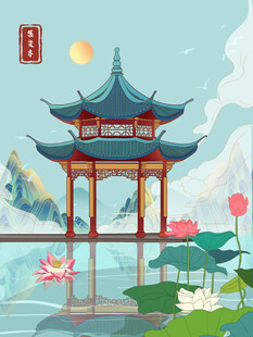 古风湖畔亭景