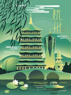杭州城市风光与古典建筑